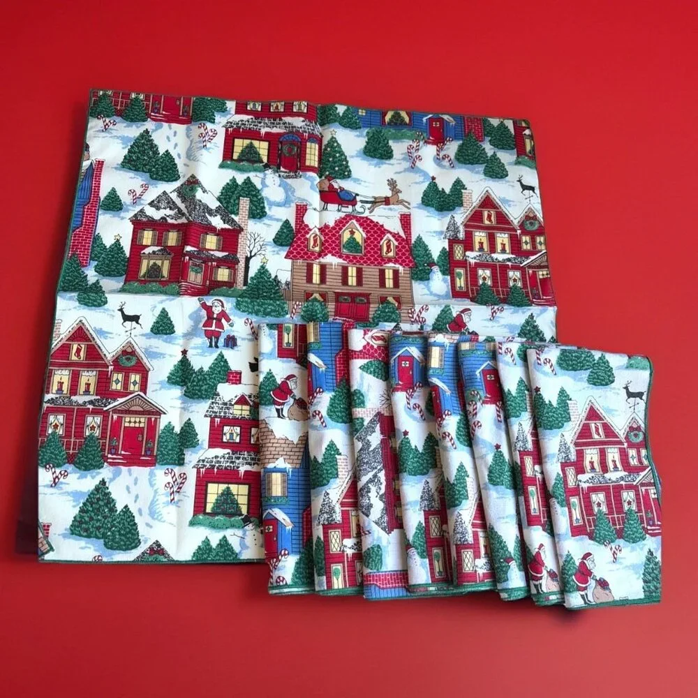 Vintage Christmas Cloth Napkins Santa Christmas Village 16x16
